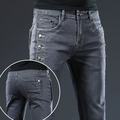 New Men Slim Button Black Skinny Jeans Solid Color Stretch Skateboard Multi-button Youth Male Denim Pants