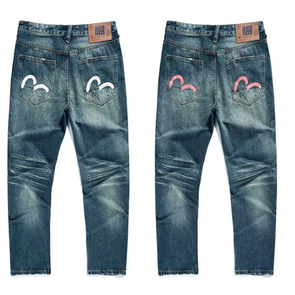 Japanese Handmade Embroidered Jeans Men's Pure Cotton Straight Tube Hip-Hop Popular Slim Red Ears Show Thin Trousers Devil Big M