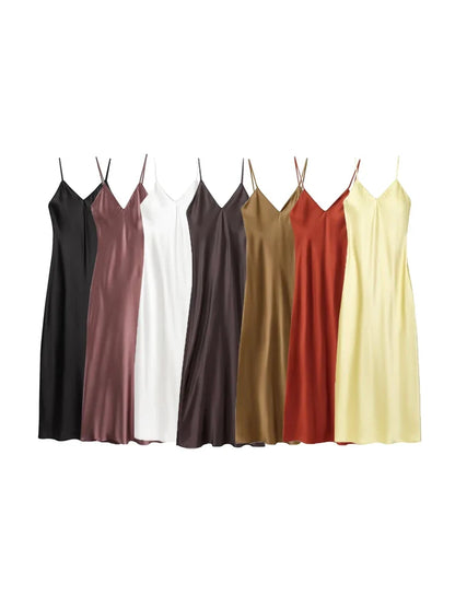 Women's Satin Midi Dress, V Neck, Thin Straps, Backless, Female Dresses, Sexy Fashion