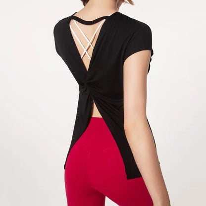 Women's Split Side Yoga Top Sexy Open Back Fitness T-shirt Loose Fit Workout Tee Running Sports Cover Gym Wear Woman Clothing