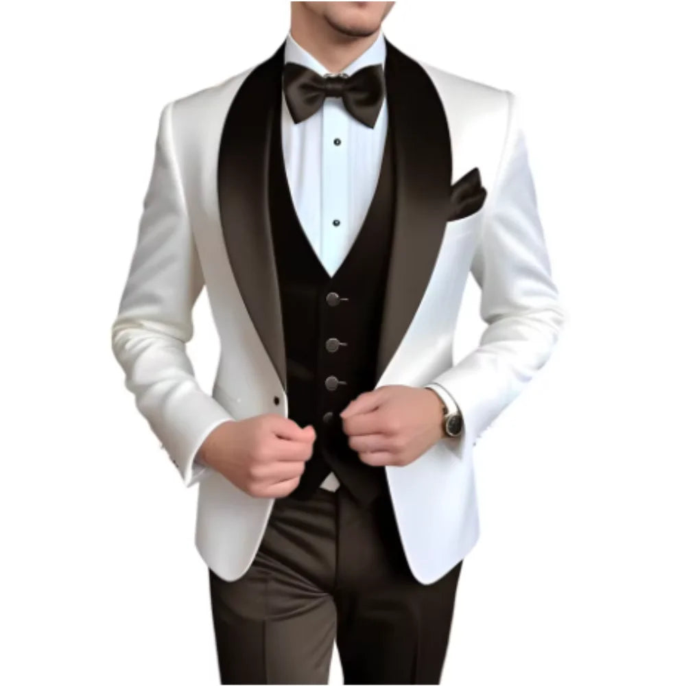 Customized Men's 3 Piece Tuxedo With Scarf Lapel Smoking Suit Wedding Groomsmen Formal Party Blazer Terno Masculino