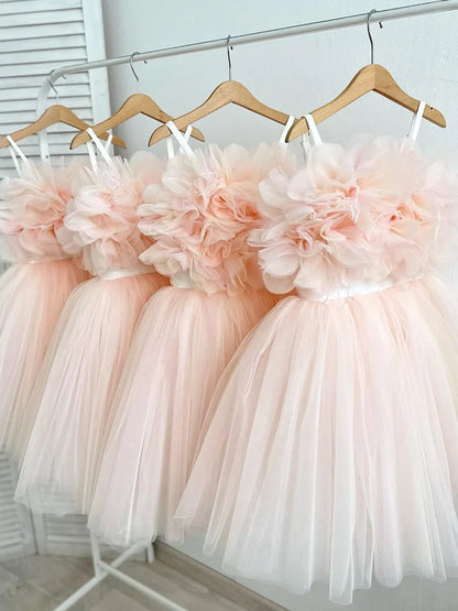 Cute Flower Girl Wedding Dress for Little Girls, Strapless Princess Gown & Host Performance Outfit, Simple Fluffy Tulle Dress