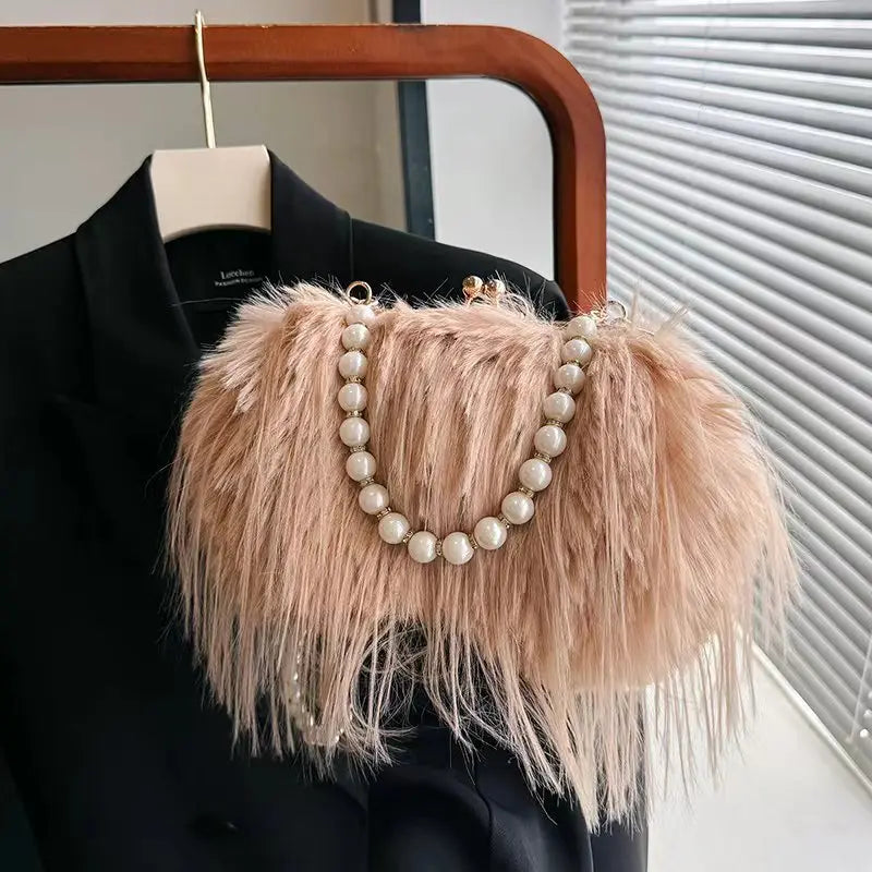 Luxury Faux Fur Evening Bag Pearl Chain Trendy Long Tassel Plush Shoulder Bag Large Capacity Tote Wedding Handbag XA48ZZ
