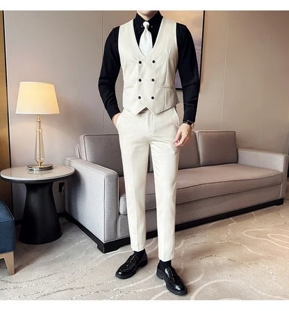 ( Vest + Pants) Double-breasted Striped With Pants Men Business Slim Fit Suit Vest 2 pieces Formal Groom Wedding Dress Vest