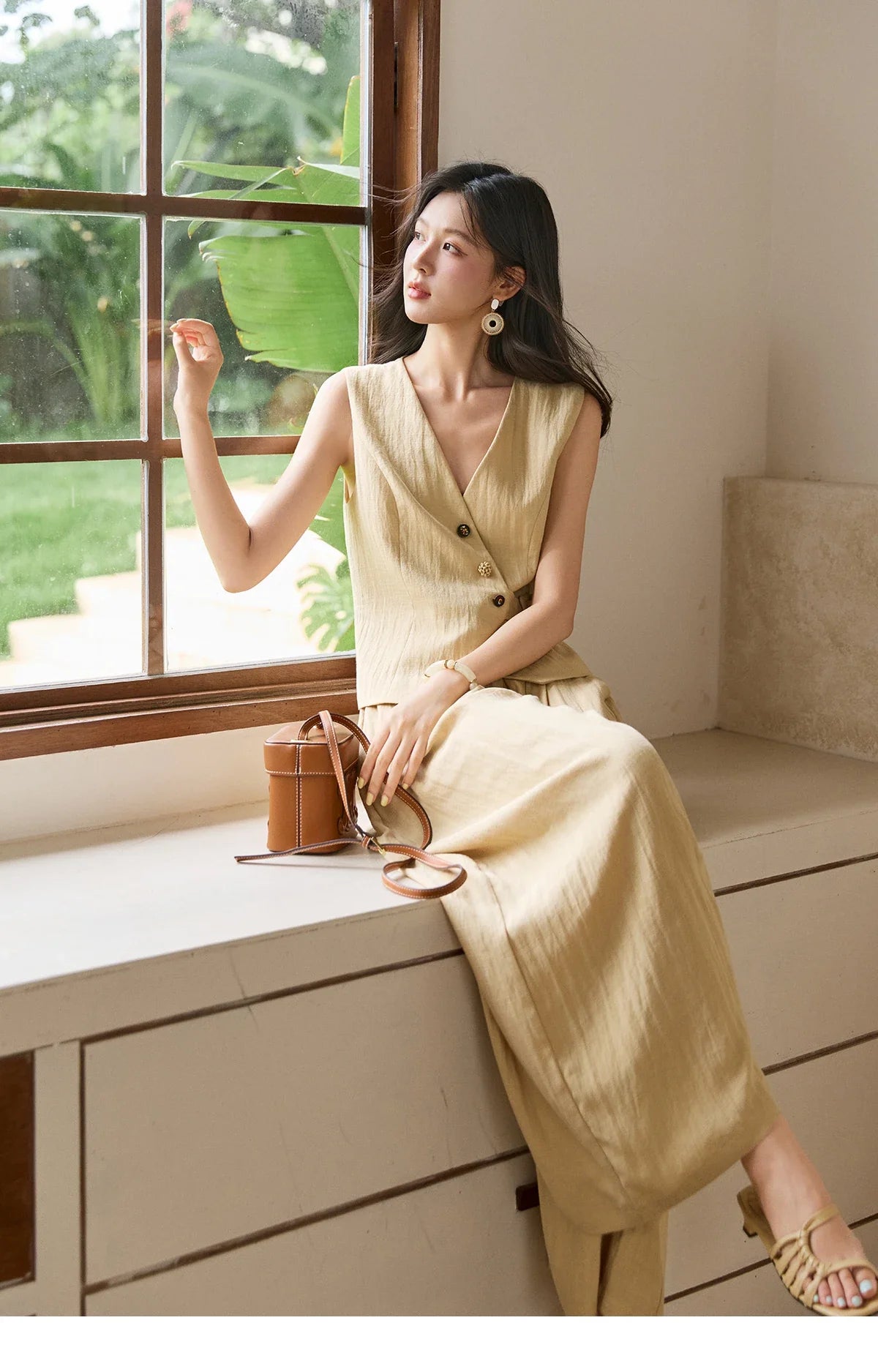 Women's Sleeveless V Neck Vest 2026 Summer Asymmetric Button Belted Waist Slim Solid Waistcoat Office Lady MXF27W1076