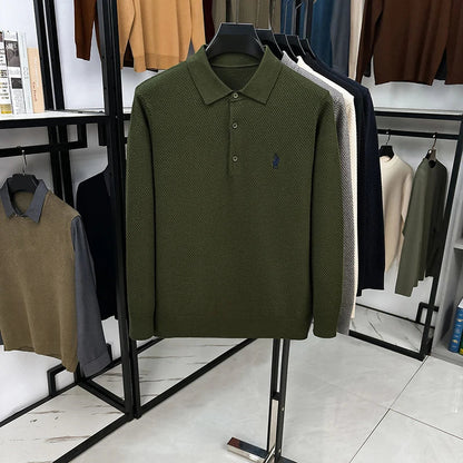 High-end Quality Men's Casual Outdoor Pineapple Pattern Knitted Long-sleeve Polo Shirt (eco-cotton, No Shrinkage No Deformation)