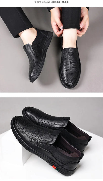 Summer New Breathable Hallow Leather Shoes for Men Solid Color Fashion Casual Driving Shoes Male Low Top Flat Shoes Man