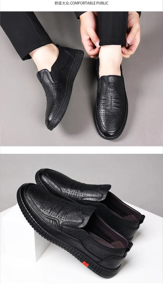 Summer New Breathable Hallow Leather Shoes for Men Solid Color Fashion Casual Driving Shoes Male Low Top Flat Shoes Man