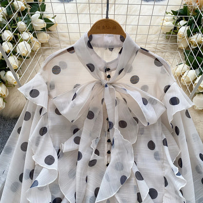 Women Butterfly Bow Lace-up Vintage Lantern Long Sleeve Top Slim Fashion Polka Dot Mesh Chiffon Blouse Hotsweet Spring Clothing