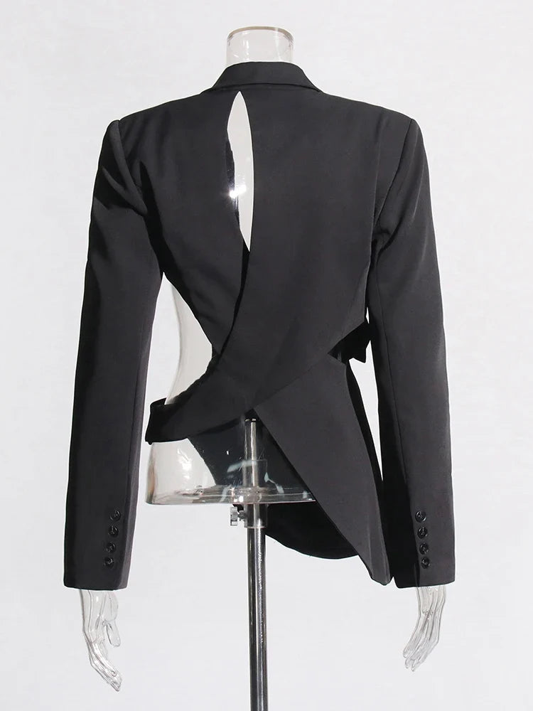 Solid Hollow Out Backless Slimming Blazers For Women Notched Collar Long Sleeve Spliced Button Blazer Female New