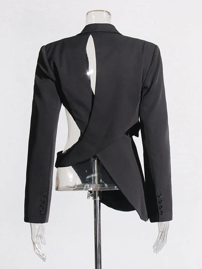 Solid Hollow Out Backless Slimming Blazers For Women Notched Collar Long Sleeve Spliced Button Blazer Female New