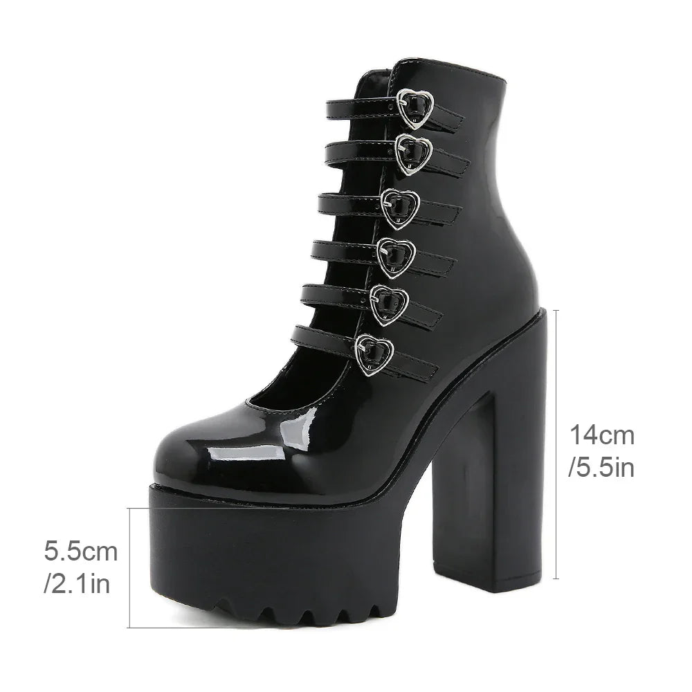 Block Heels Pumps for Women Fashion Multi Buckle Strap Heart Design Dress Shoes Side Zipper High Heels Mary Jane Shoes