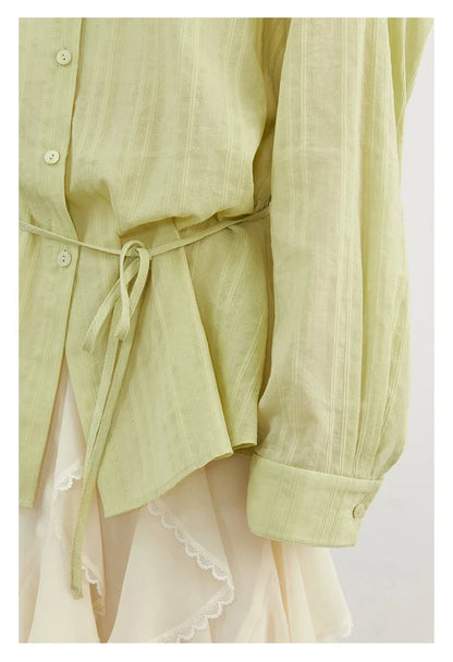 Women Shirt Textured Cotton Striped Waist Shirt Long Sleeves Female Sun Protection Blouses  Spring  Summer 2026