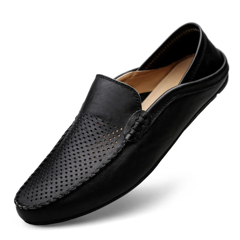 Summer Men Casual Shoes Leather Moccasins Breathable Slip on Boat Shoes Italian Luxury Brand Mens Driving Loafers Size 37-47