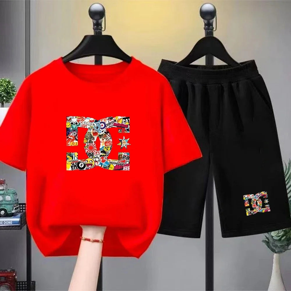 Kids Summer T-Shirt Sets Girls White Boy Black Red Casual T-Shirt+Shorts Printed Kids Outfits Teen Children's Loose Short Sleeve