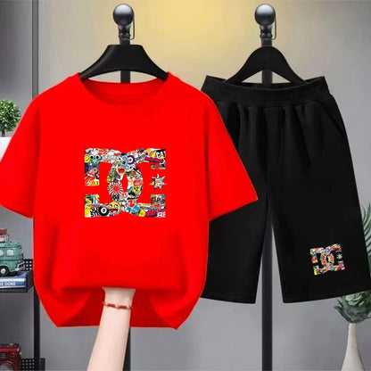 Kids Summer T-Shirt Sets Girls White Boy Black Red Casual T-Shirt+Shorts Printed Kids Outfits Teen Children's Loose Short Sleeve