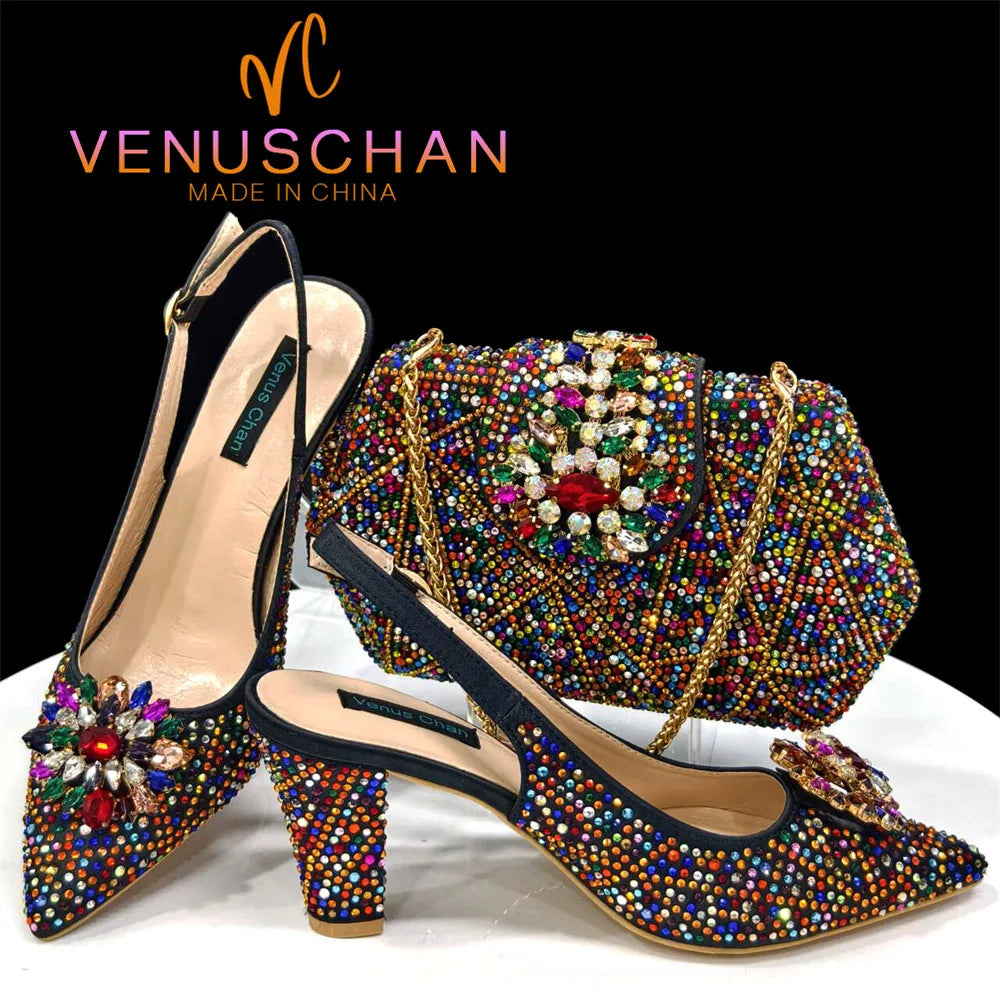 Elegant Woman Heel Shoes INS Style Pointed-Toe Rhinestone Pumps African Ladies Italian Shoe and Bag Set Designer 2024