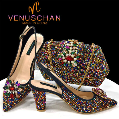 Elegant Woman Heel Shoes INS Style Pointed-Toe Rhinestone Pumps African Ladies Italian Shoe and Bag Set Designer 2024