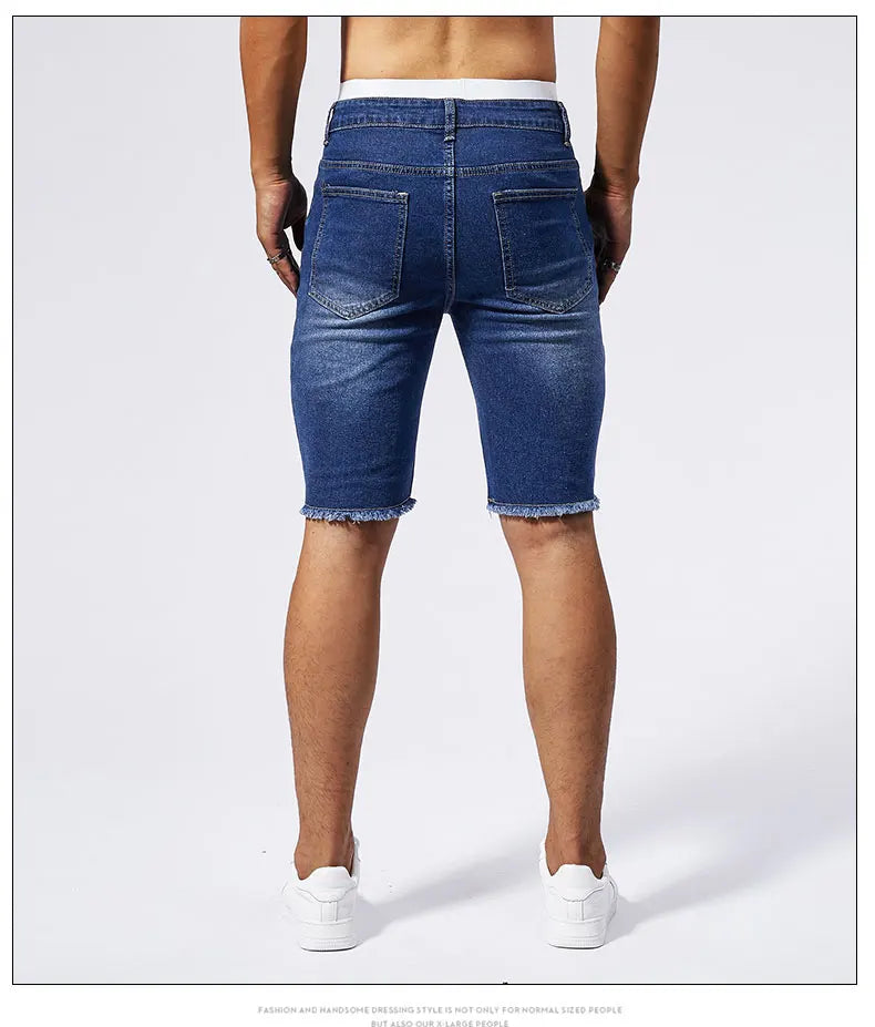 Vintage Denim Shorts Men's American Stretch Slim Jeans Fashion Ripped Streetwear Male Hole Frayed Short Pants Blue Black