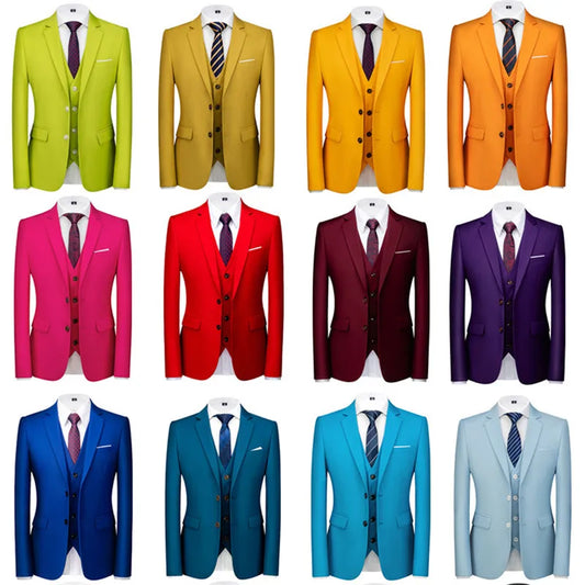 16 Colors ( Jacket + Vest + Pants ) Men's High Quality Formal Business Slim Fit Mens Suit Best Groom Wedding Tuxedos 3 piece Set