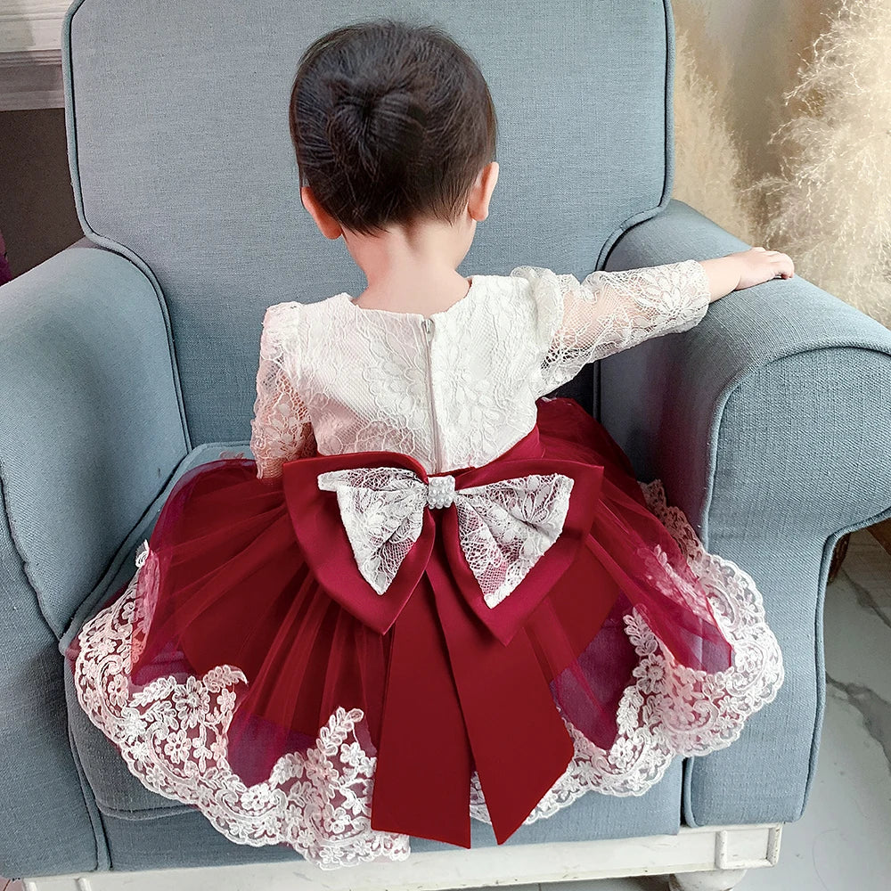 Long Sleeve Baby Girls Dress Newborn White Baptism Tulle Party Wedding 1st Birthday Princess Dresses Infant Girls Bow Prom Gown