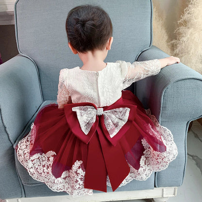 Long Sleeve Baby Girls Dress Newborn White Baptism Tulle Party Wedding 1st Birthday Princess Dresses Infant Girls Bow Prom Gown