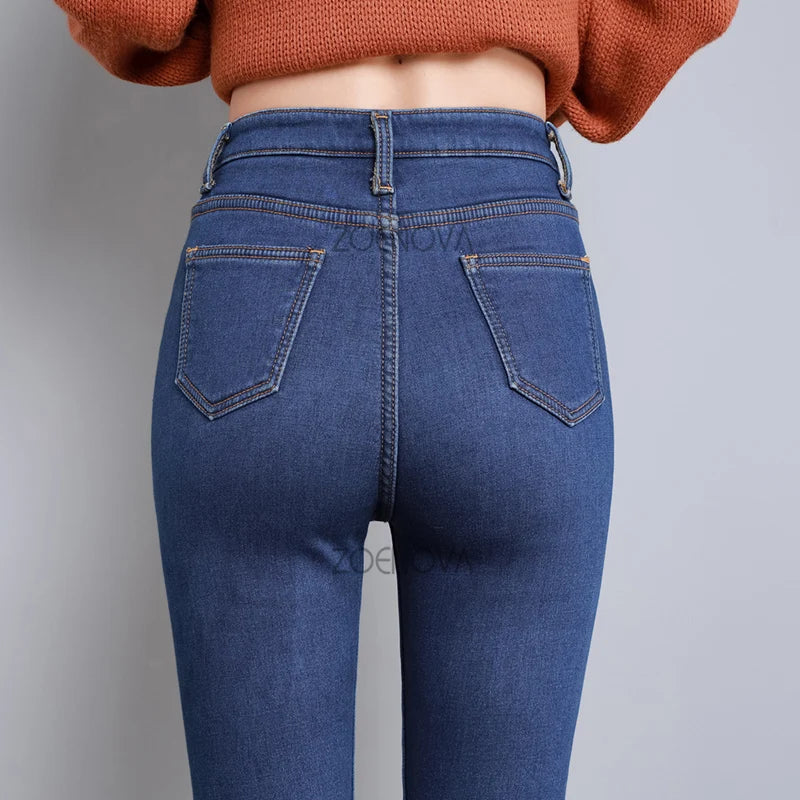 New Women Thick Velvet Jeans Fleece Warm Korean Fashion High Waist Skinny Elastic Pants Jean Casual Legging Winter 2023