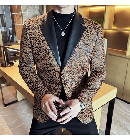Splicing Leather Neck Casual Suit Jacket Fashion Leopard Men's Business Slim Fit Social Formal Blazers Wedding Groom Tuxedos