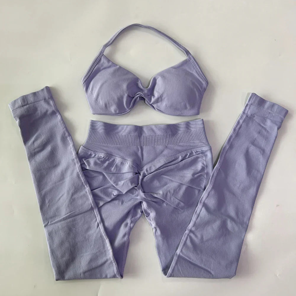 2 Pieces Set For Woman Strappy Yoga Bra Sports Top Workout Leggings Set Seamless Gym Set Fitness Clothes Outfit Activewear