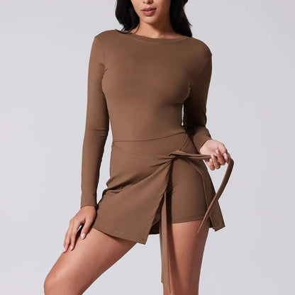 Womens High Neck Tennis Dress Long Sleeve Sarong Wrap Skirt Built in Shorts Golf Athletic Dress Workout Rompers