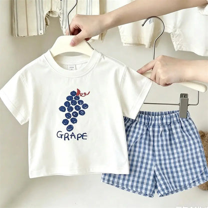 Lovely Suits White TShirt+Plaid Shorts Two Piece Set Casual Loose 2026 Summer Clothing Short-sleeved Tracksuits Child's Costume