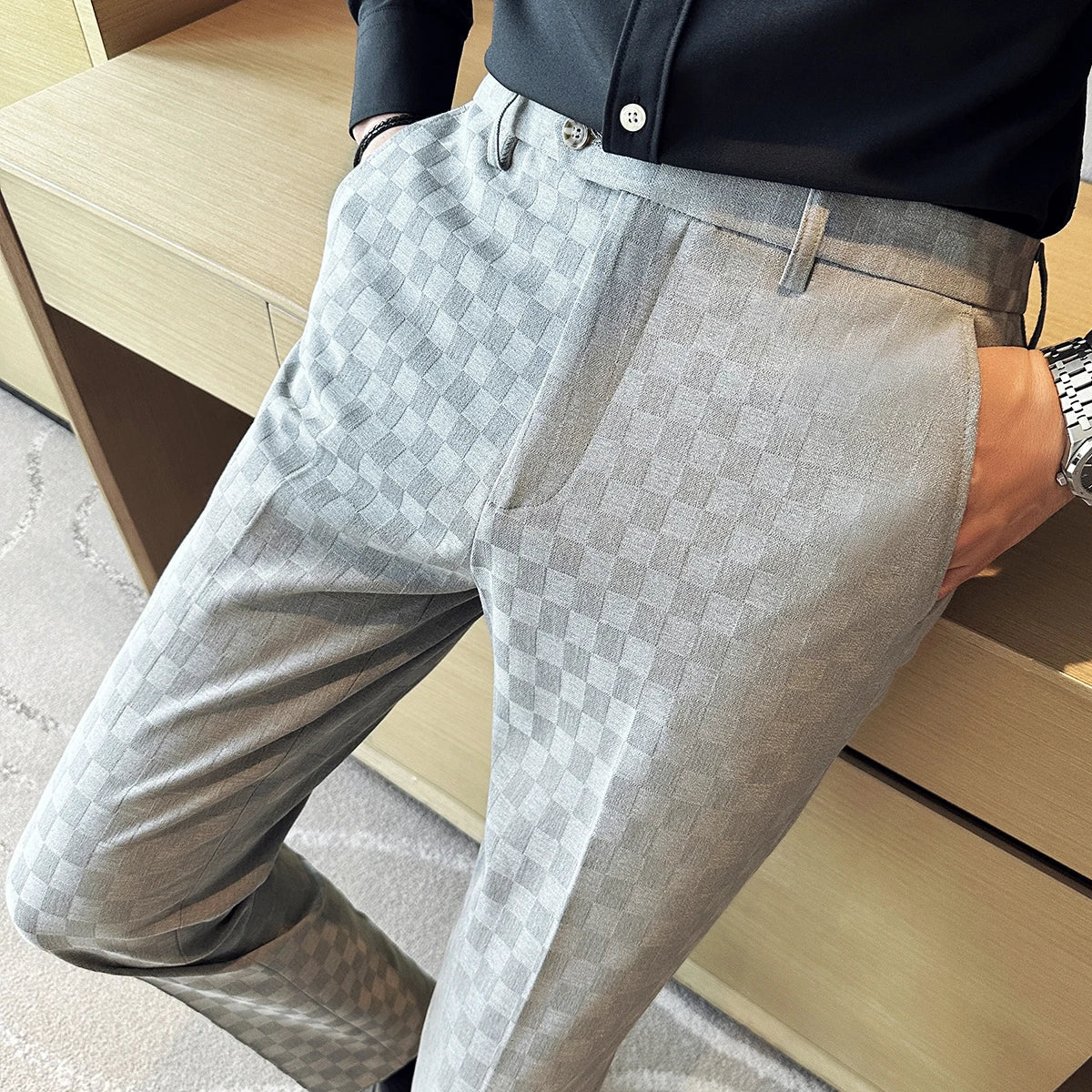 New Men Casual Plaid Suit Pants Fashion Men's Slim Fit Business Social Dress Pants Formal Wedding Social Party Male Trousers