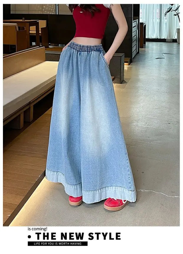 Casual High Waist Wide Leg Jeans Women's Loose Fit Summer Faion plus Size American Sle Cuffed Casual Denim Skirt Pants