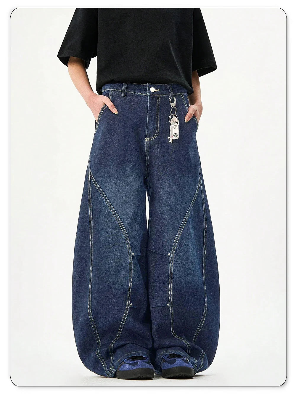 Men's American Retro Blue Loose Machete Wide Leg Jeans Unisex Baggy Straight Leg Sickle Denim Pants Deconstructed Balloon Pants