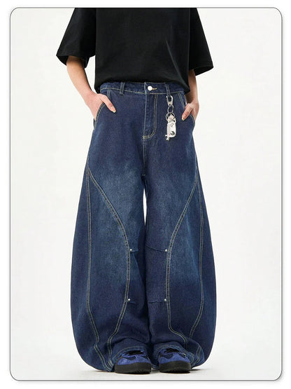 Men's American Retro Blue Loose Machete Wide Leg Jeans Unisex Baggy Straight Leg Sickle Denim Pants Deconstructed Balloon Pants