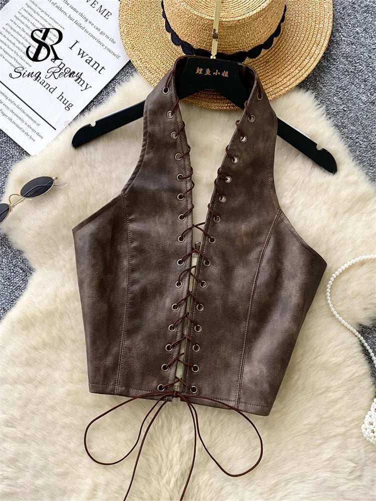 PU Leather Sexy Club Camisole Fashion Hollow Out Lace Up Slim Tank Top Sleeveless Backless Ins Spicy Girl Halter Top