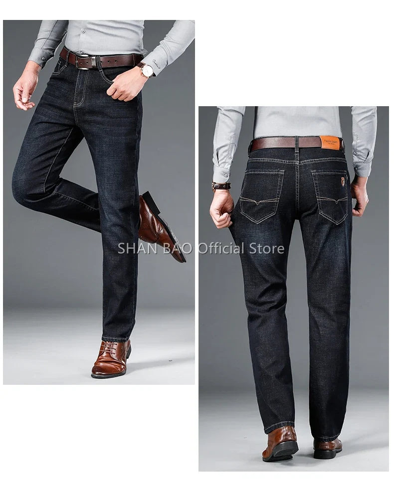 2024 autumn spring fitted straight stretch denim jeans classic style badge youth men's business casual jeans trousers
