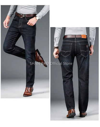 2024 autumn spring fitted straight stretch denim jeans classic style badge youth men's business casual jeans trousers