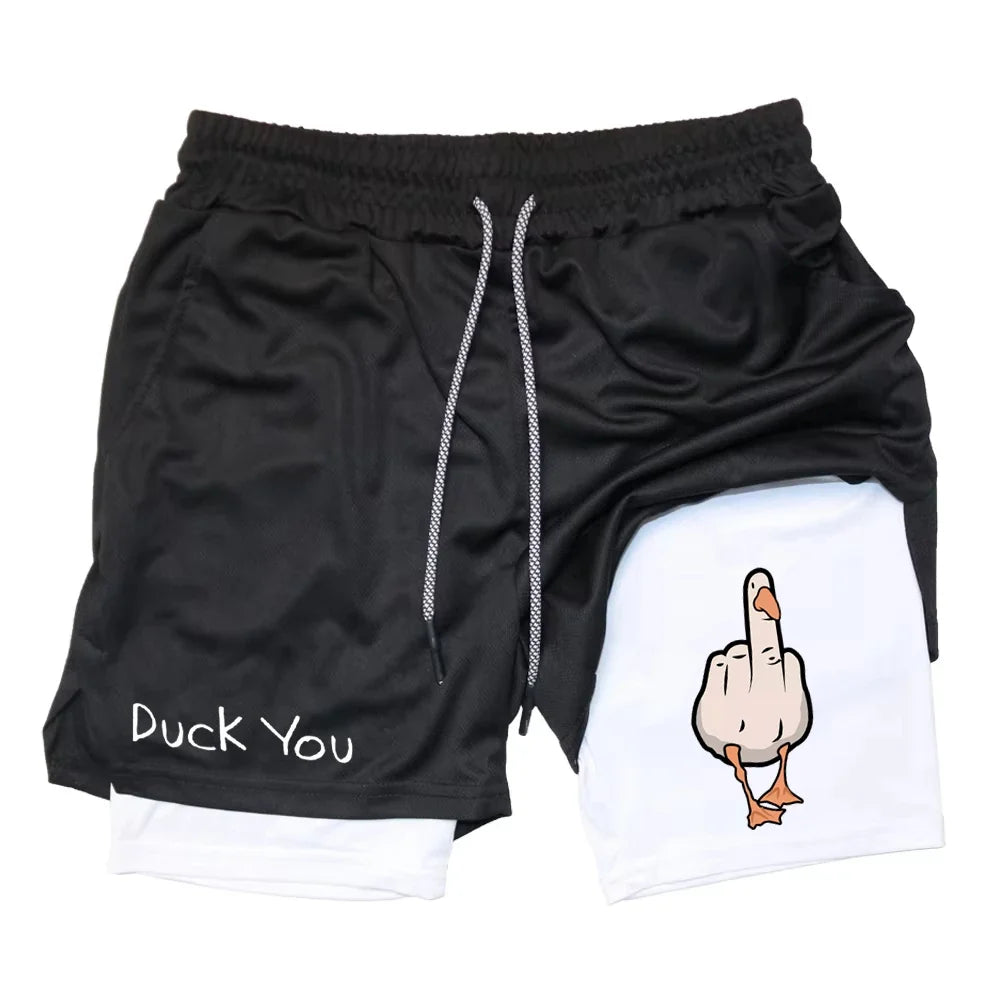 Cartoon Duck Print Men's Shorts Summer Double Layer Letter Print  Quick Drying Pants Fitness Tracksuit Beach Short Pants