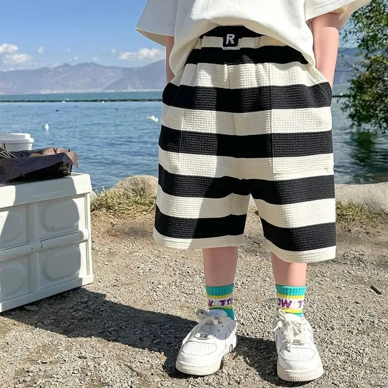 Summer Boys Cotton Leisure White T-Shirt Tops+Contrast Stripes Shorts Pant Set School Kids 2PCS Tracksuit Children Outfit 3-14Yr