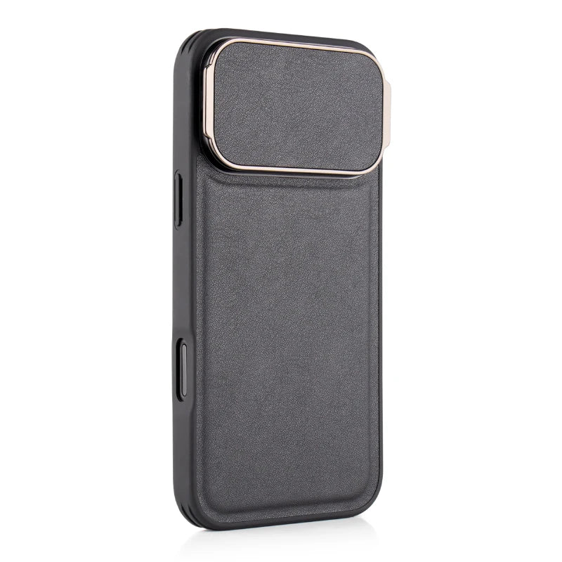 Metal Flip Bracket Protection Camera Lens Shockproof Leather Phone Case For iPhone 17 Pro Max 15 16 Pro Max Bumper Back Cover
