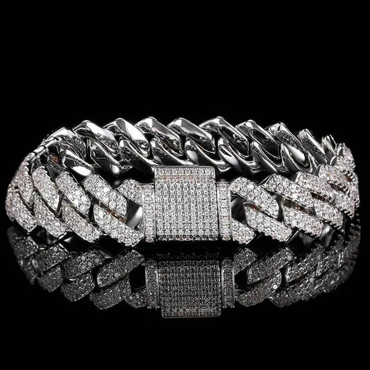 Bracelet cubain Moissanite couleur D, argent sterling 925 plaqué or blanc 18 carats, chaîne cubaine à maillons diamants pour femmes et hommes