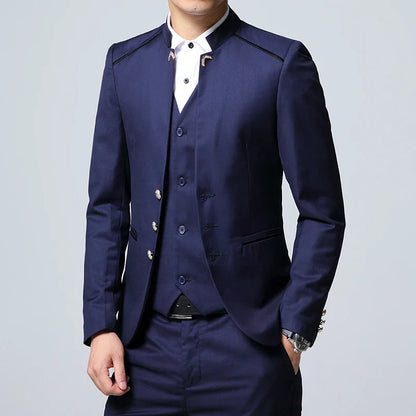 Black Stand Collar Men's 3-Piece, Wedding Party Blazer Jacket and Vest with Pants, Blue Asian Size Slim Fit Sets.