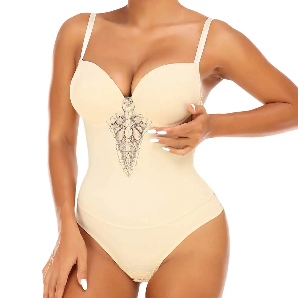 Fajas Underwear Body Shapers Women Shapewear Bodysuit Sexy Lace Open Crotch Lingerie V-collar with Bras