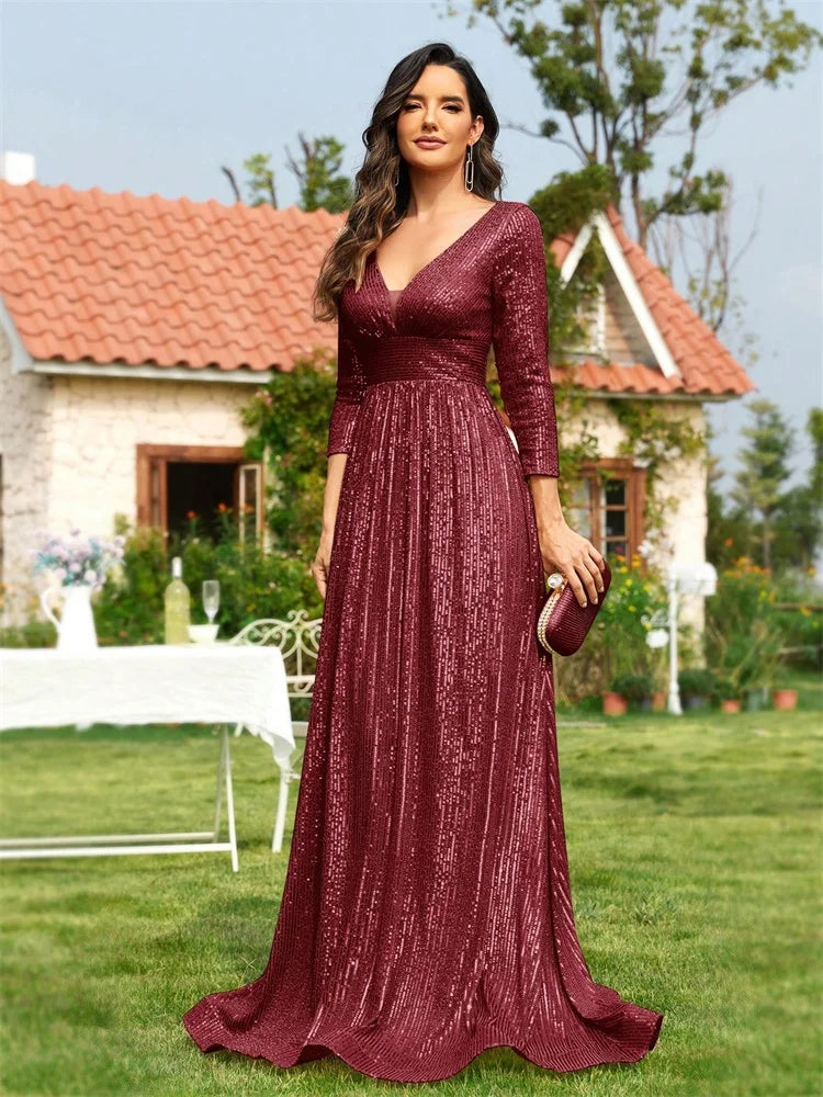 Luxury V Neck Long Sleeves Blue Sequins Formal Evening Dress Women 2025 Wedding Party Prom Maxi Cocktail Dress Gowns