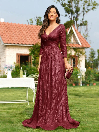 Luxury V Neck Long Sleeves Blue Sequins Formal Evening Dress Women 2025 Wedding Party Prom Maxi Cocktail Dress Gowns