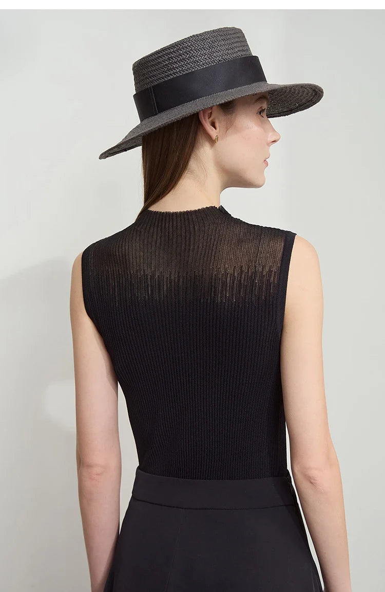 Women Top Minimalist Summer New Solid Color Mock Neck Sleeveless Slim Elastic Double Curved Yarn Knitted Camisole 12542249
