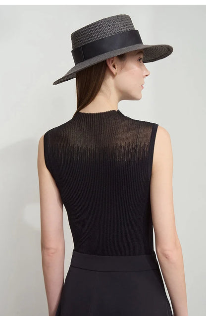 Women Top Minimalist Summer New Solid Color Mock Neck Sleeveless Slim Elastic Double Curved Yarn Knitted Camisole 12542249