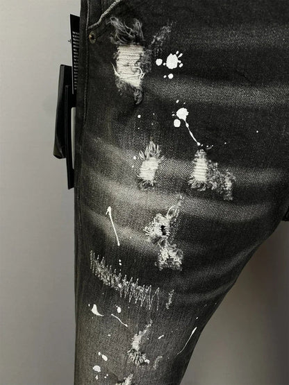 Men Jeans Denim Pants Hole Slim Pencil Trousers Metal Buttons Party Classics Fashionable Black DSQ2 JENAS
