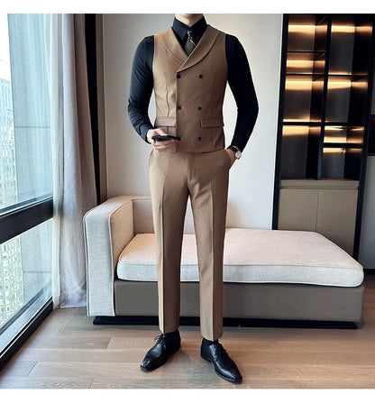 ( Vest + Pants) Men's Double-breasted Suit Vest 2 Pieces Set High Quality Business Casual Fashion Groom Wedding Dress Vest Sets